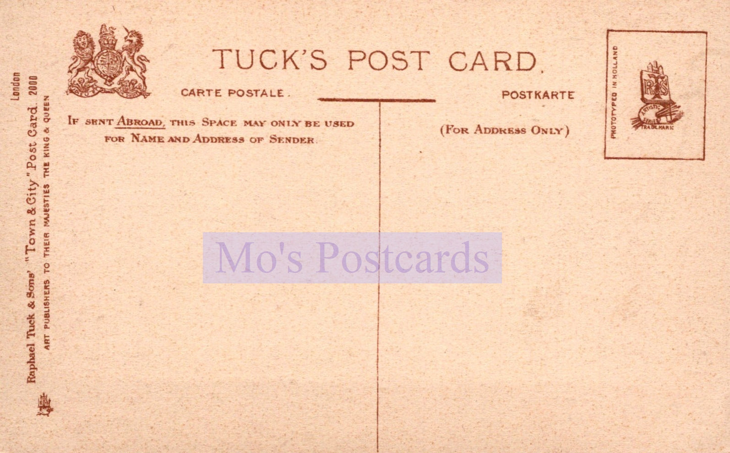 Back of a Tuck's postcard with branding and text
