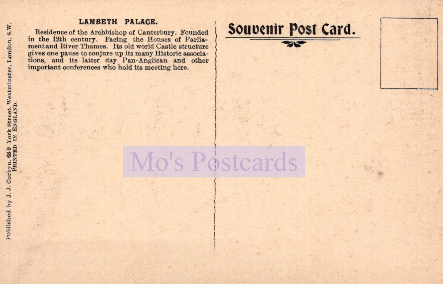Back of a vintage postcard from Lambeth Palace with text and branding.