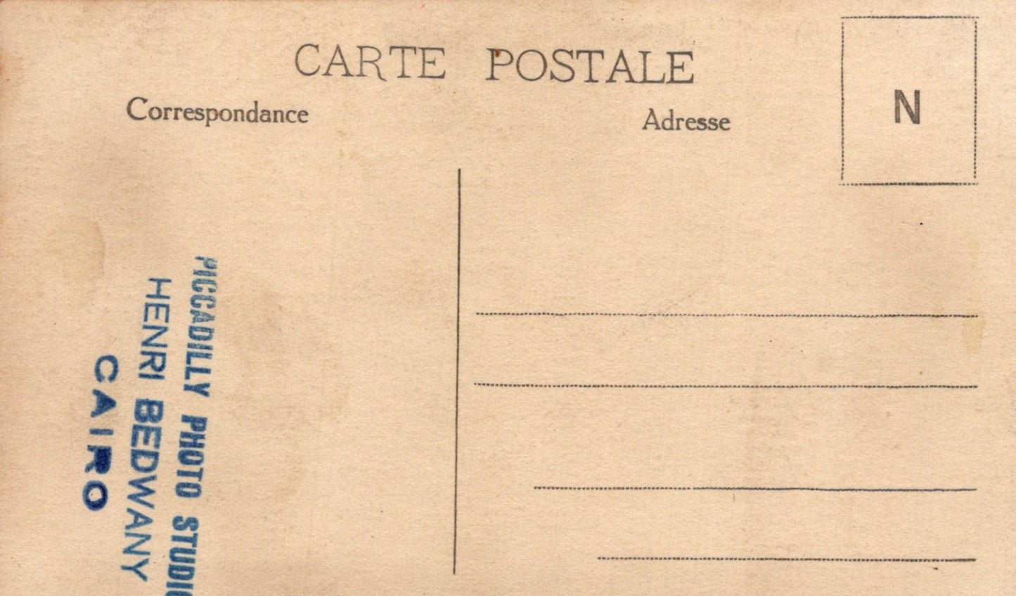 Back of a vintage postcard with 'Henri Bedwany' studio branding