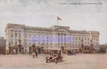 Load image into Gallery viewer, Vintage postcard of Buckingham Palace with cars and people in front, featuring a flag on top.