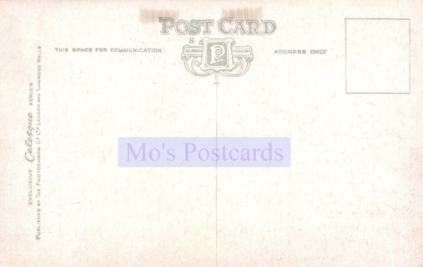 Back of a postcard with 'Mo's Postcards' branding