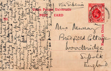 Load image into Gallery viewer, Vintage postcard with handwritten text and a red stamp, addressed to Miss Murray at Bradfield Cottage, Woodbridge, Suffolk, England.