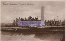 Load image into Gallery viewer, Vintage black and white postcard of Princess Parade and Cenotaph, Blackpool.
