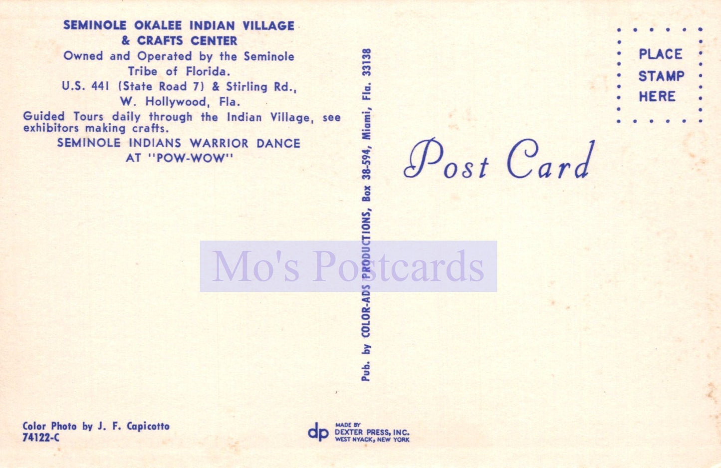 Back of a postcard from Seminole Indian Village & Craft Center with text and branding.