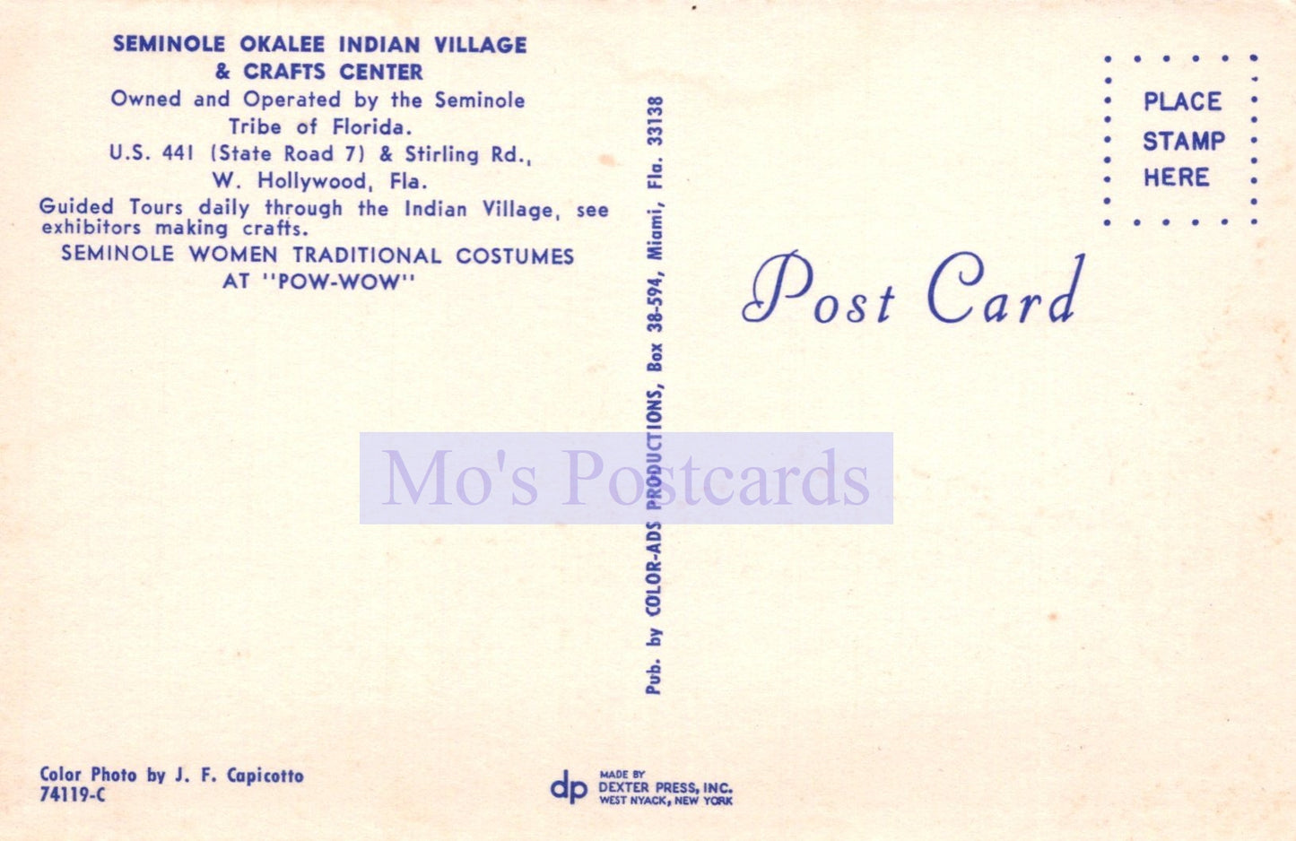 Back of a postcard from Seminole Indian Village & Crafts Center with text and branding.