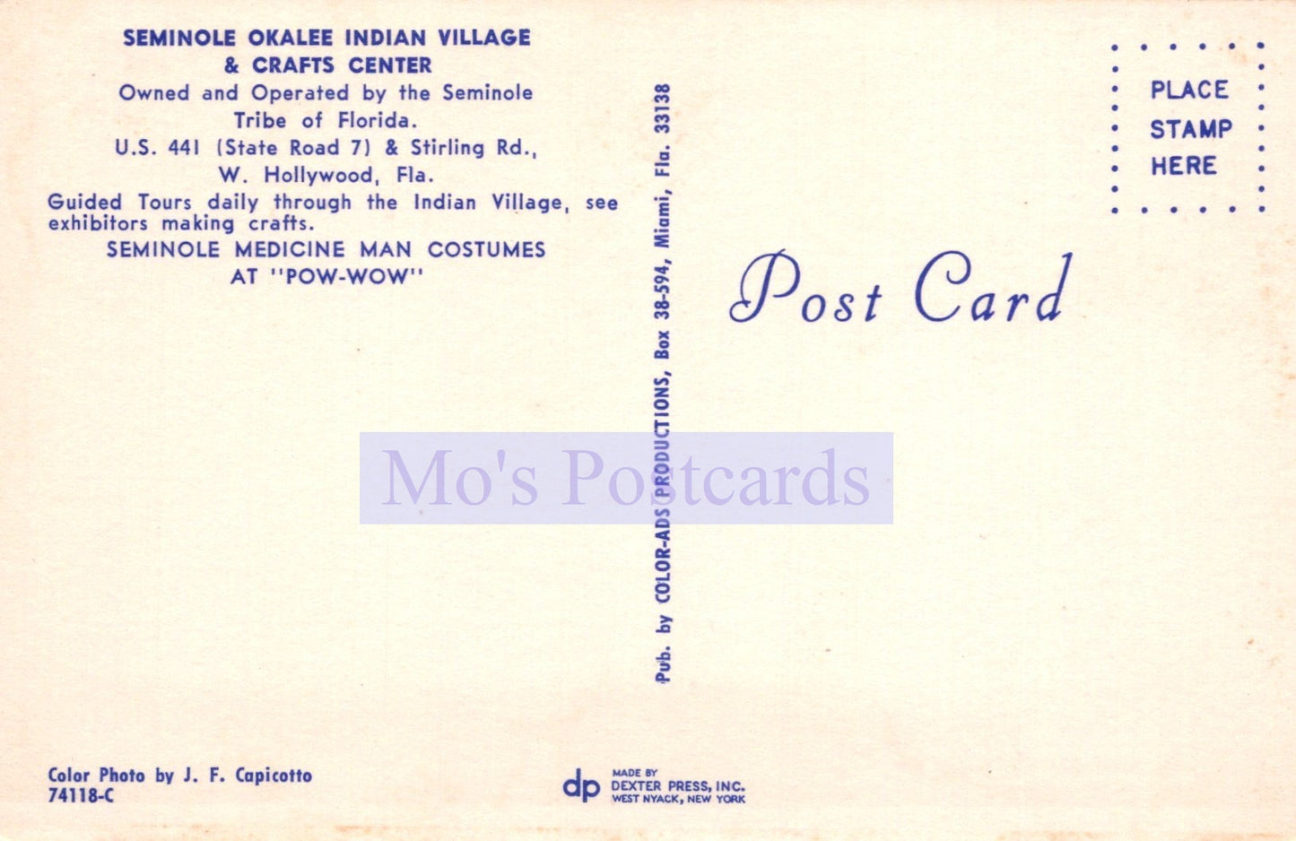 Back of a postcard from Seminole Indian Village & Crafts Center with branding and text.