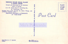 Load image into Gallery viewer, Back of a postcard from Seminole Okalee Indian Village & Crafts Center with text and branding.