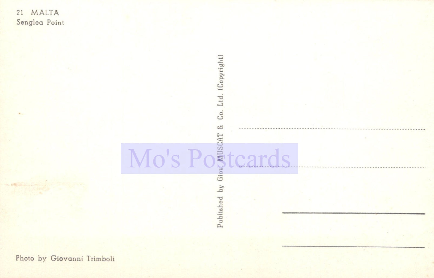 Back of a postcard with 'Mo's Postcards' branding and text.