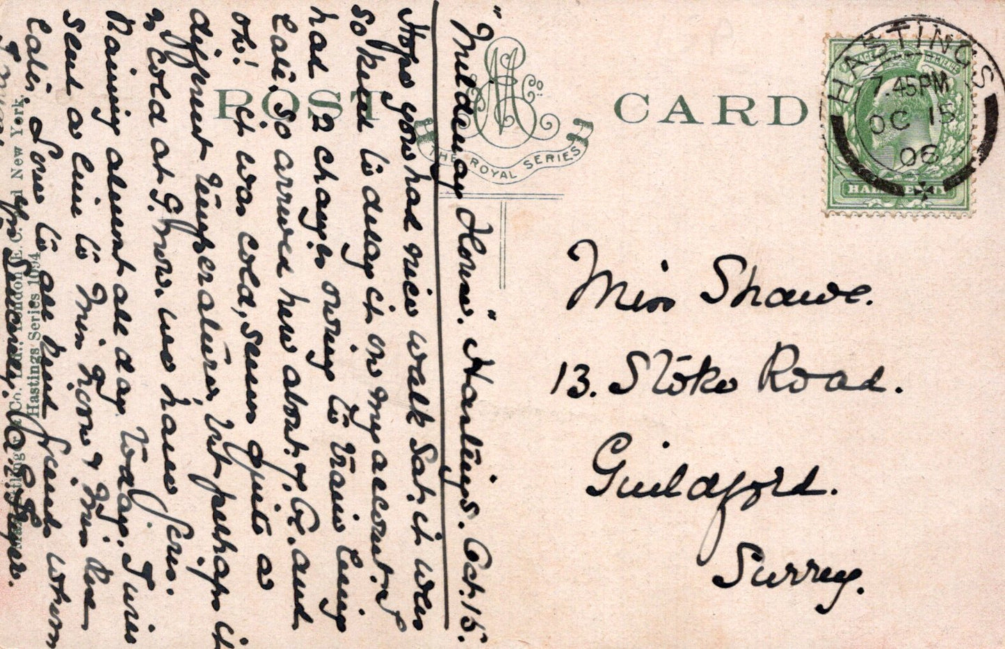Vintage postcard with text and stamp, featuring a decorative design on the top left corner.