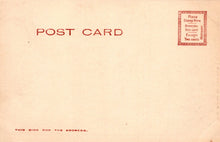 Load image into Gallery viewer, Vintage postcard with red text and stamp area on a beige background