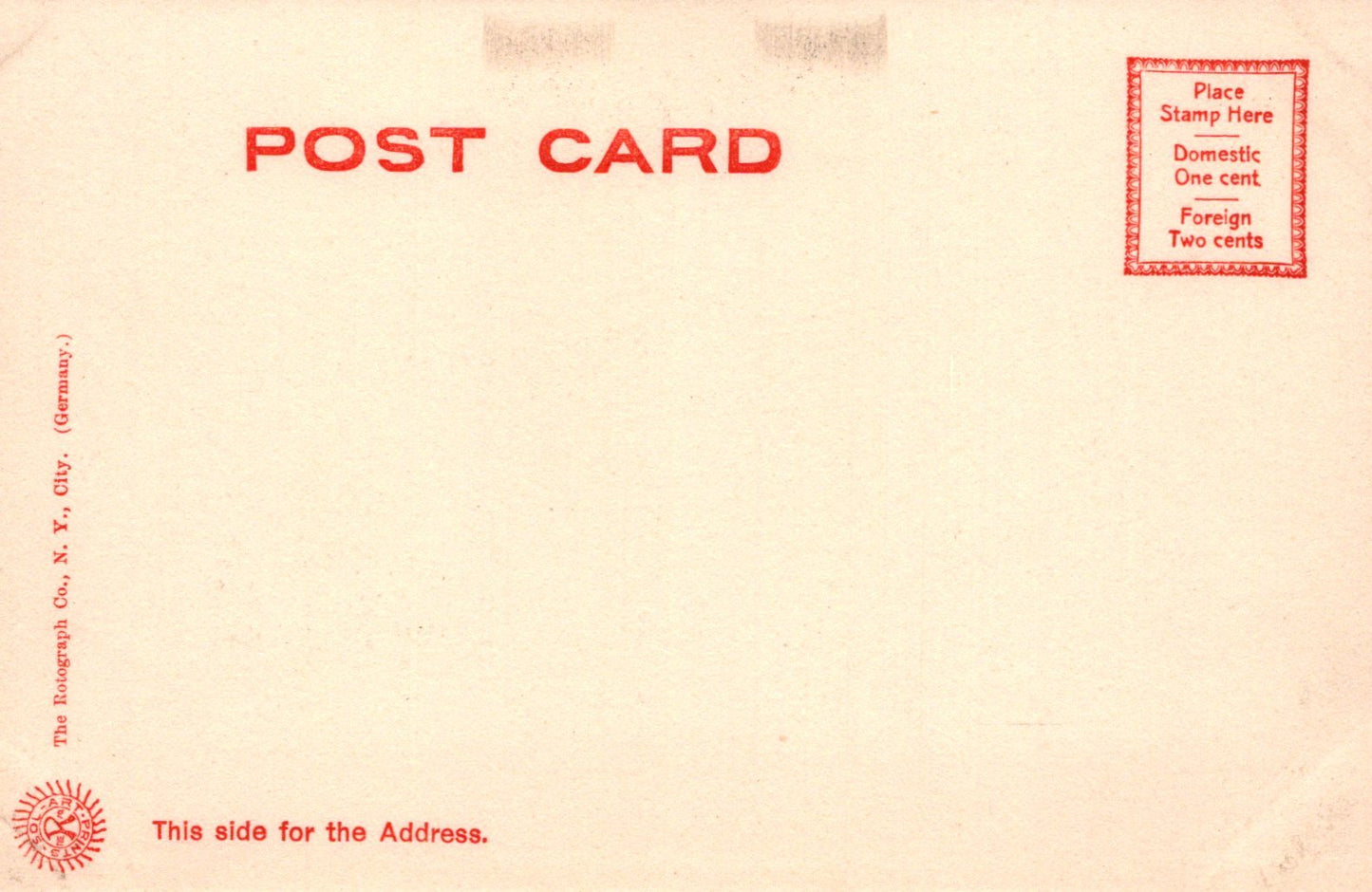 Vintage postcard with red text and design elements on a beige background