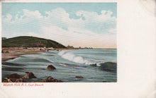 Load image into Gallery viewer, Vintage postcard of a beach scene with waves and rocks, labeled 'Watch Hill, R.I., East Beach'.