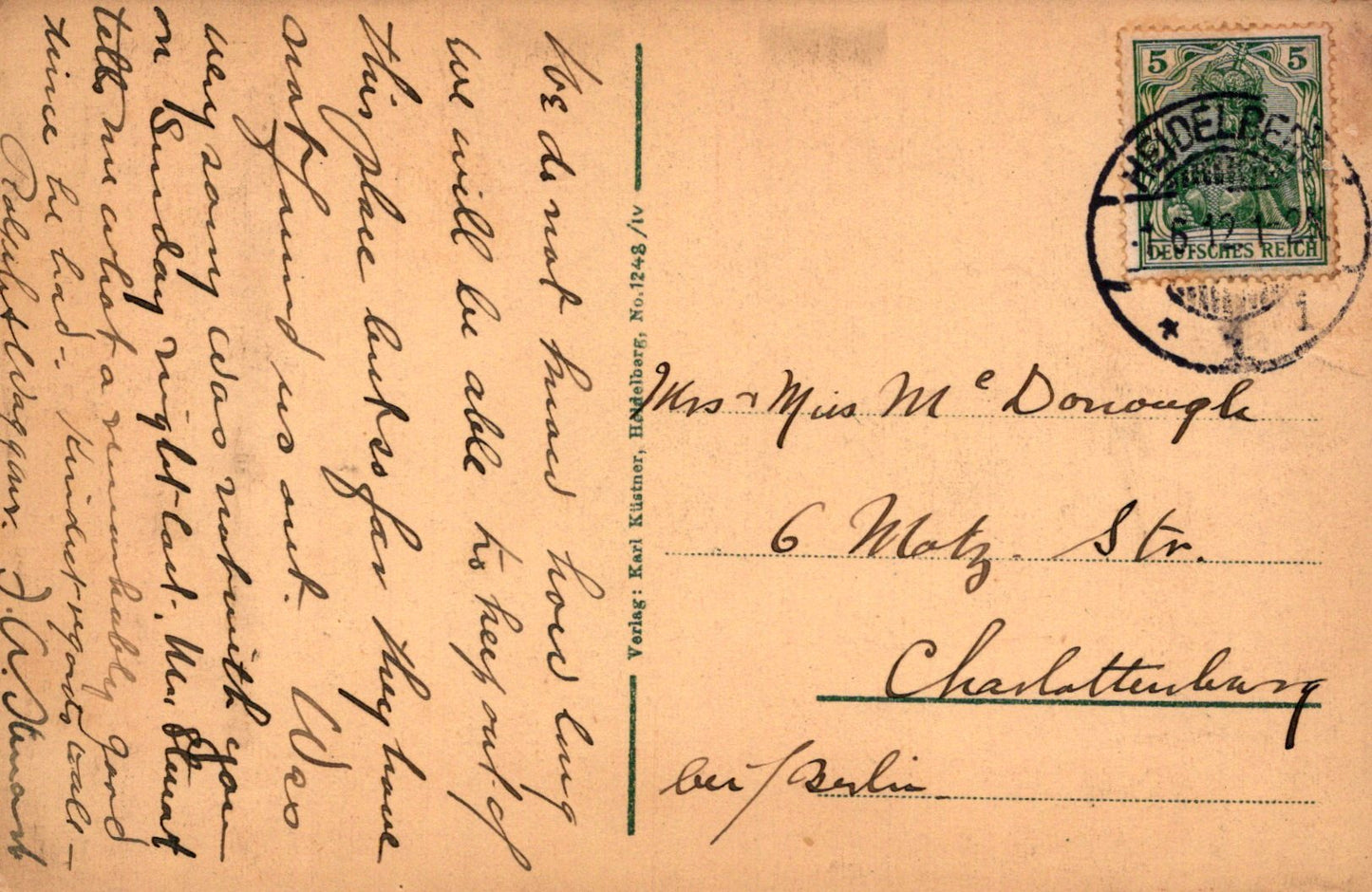 Vintage postcard with text and postage stamp, featuring a brown background.