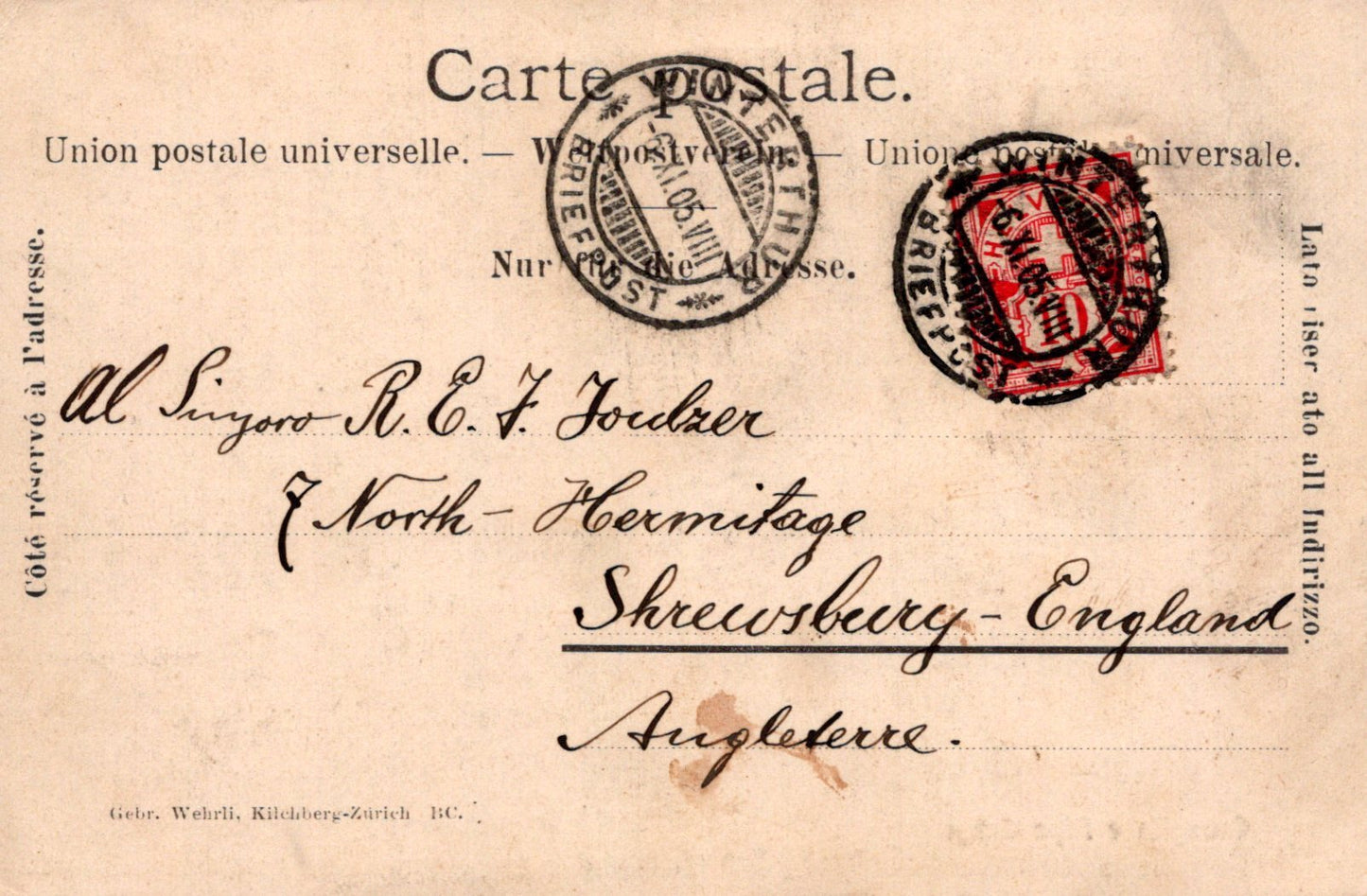 Vintage postcard with stamps and text, addressed to Shrewsbury, England