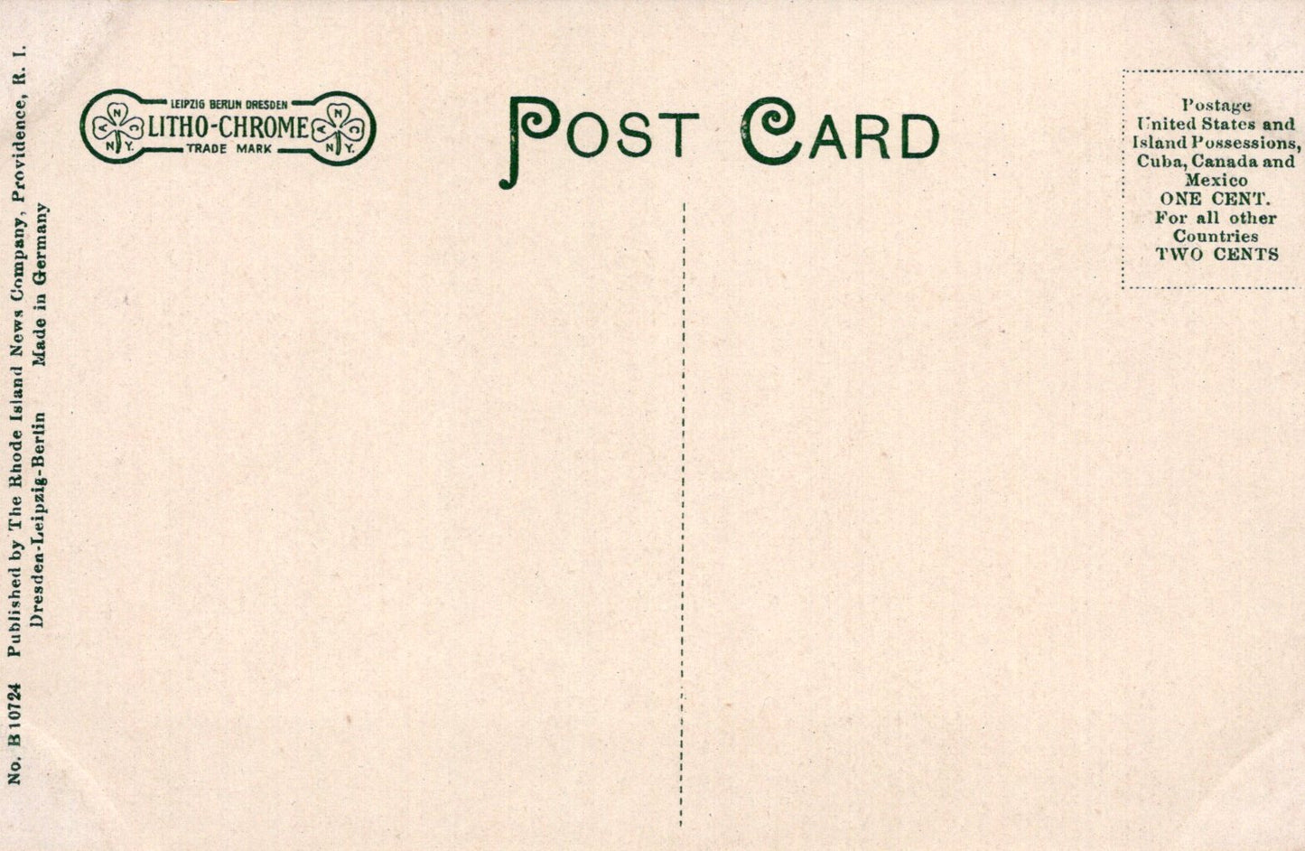 Back of a vintage postcard with Litho-Chrome logo and text.