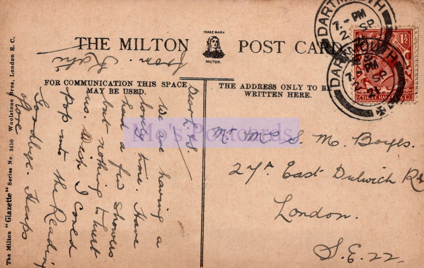 Vintage postcard with text and stamps, featuring 'The Milton' branding.