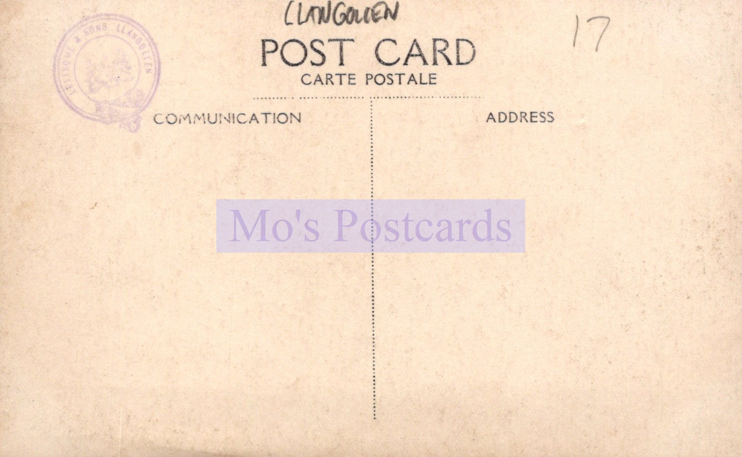 Back of a vintage postcard with 'Mo's Postcards' branding