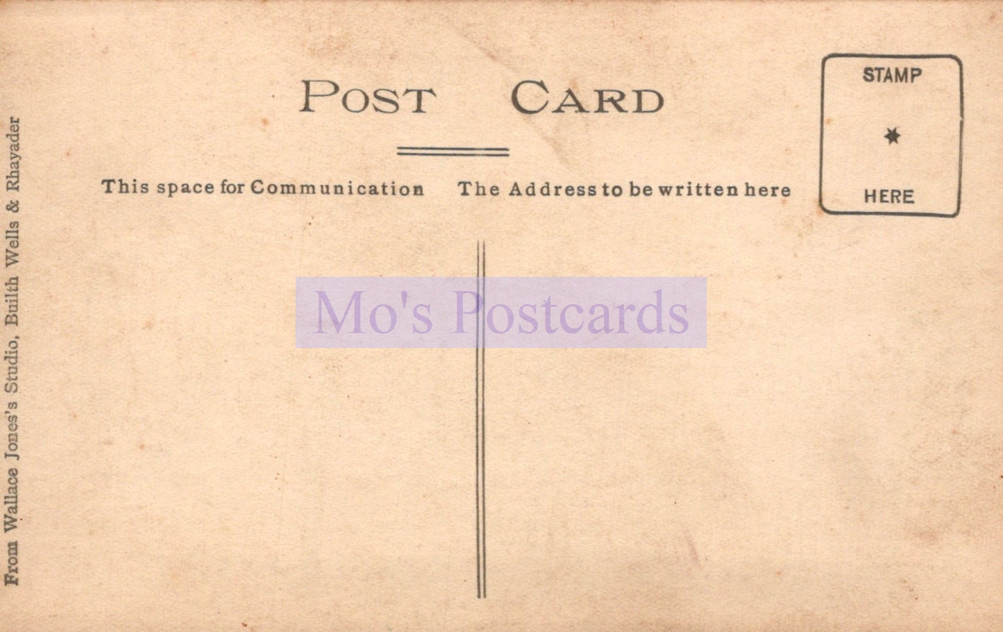 Vintage postcard with text and a stamp area, featuring the brand 'Mo's Postcards'.