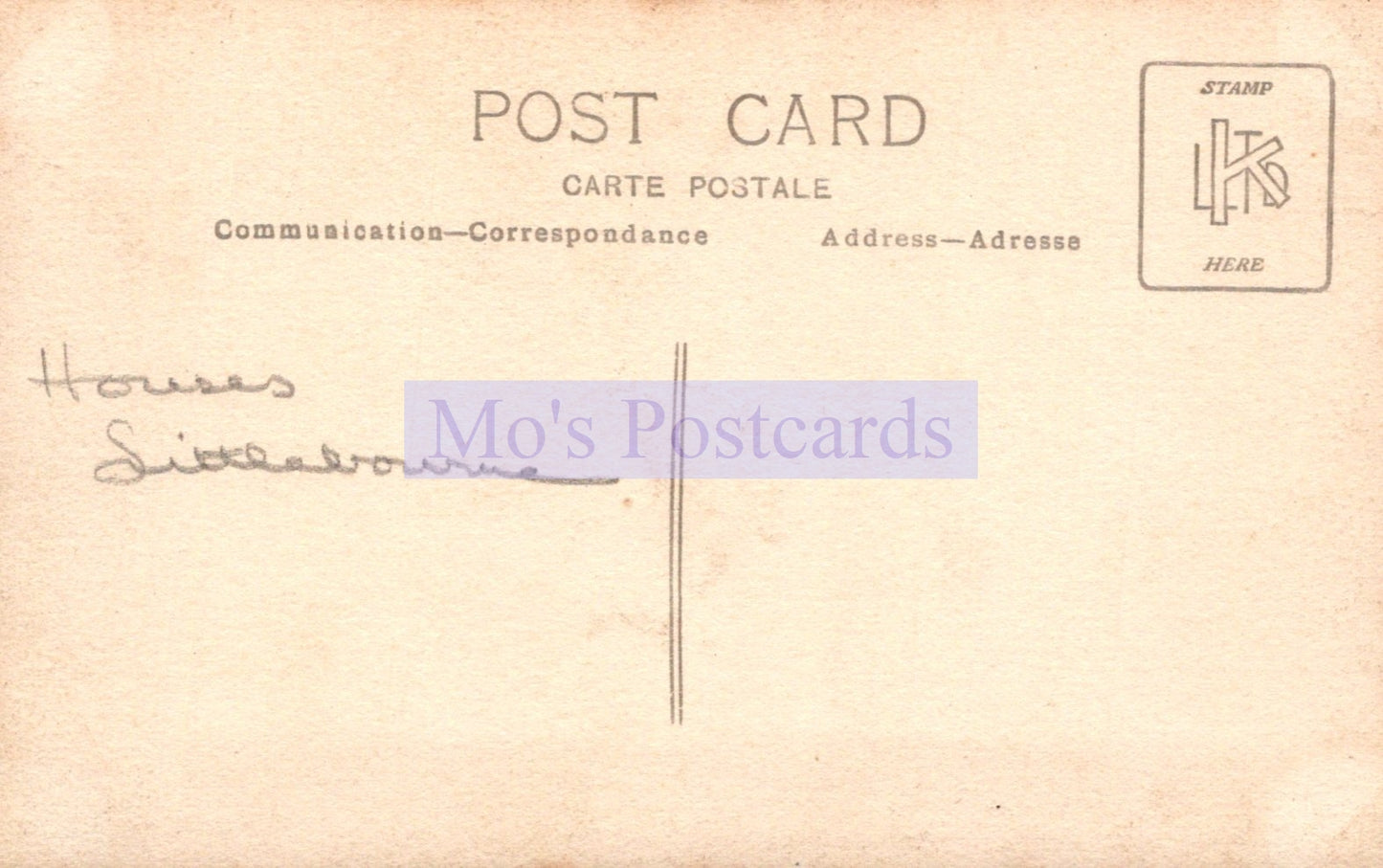 Back of a vintage postcard with 'Mo's Postcards' branding.