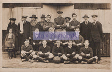 Load image into Gallery viewer, Vintage black and white photo of a soccer team with a blurred text overlay