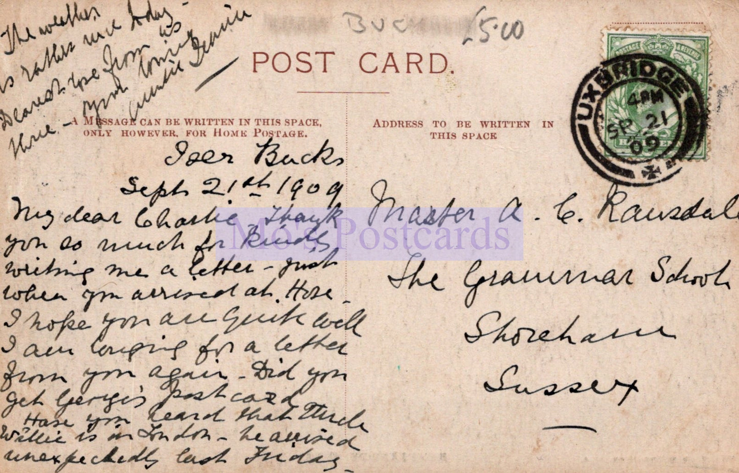 Vintage postcard with handwritten text and a stamp, featuring a message from a student to a teacher.