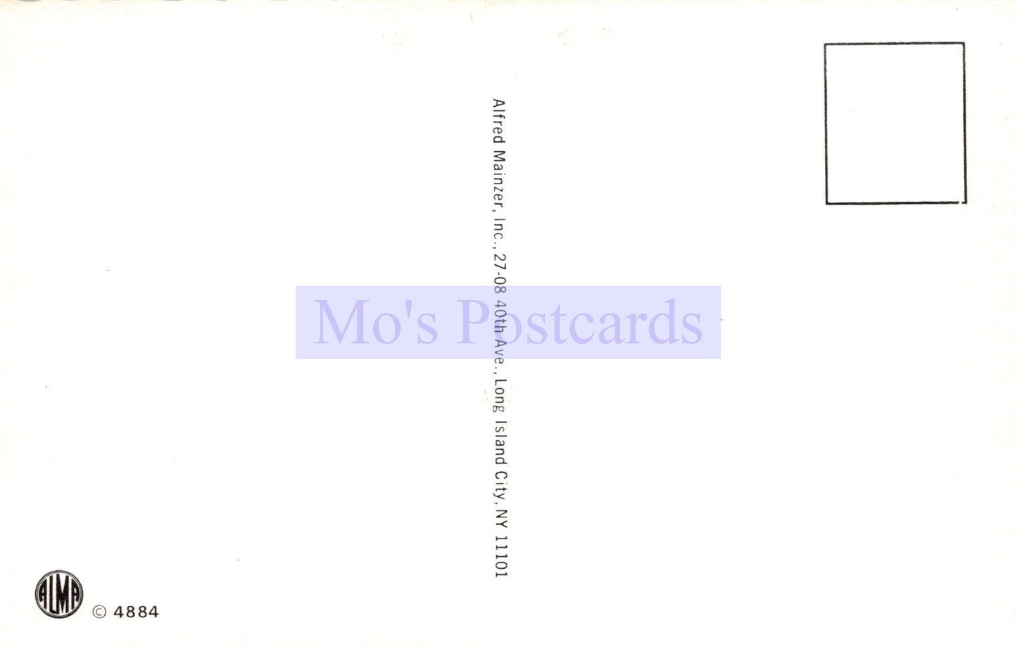 Back of a postcard with 'Mo's Postcards' branding and address information.
