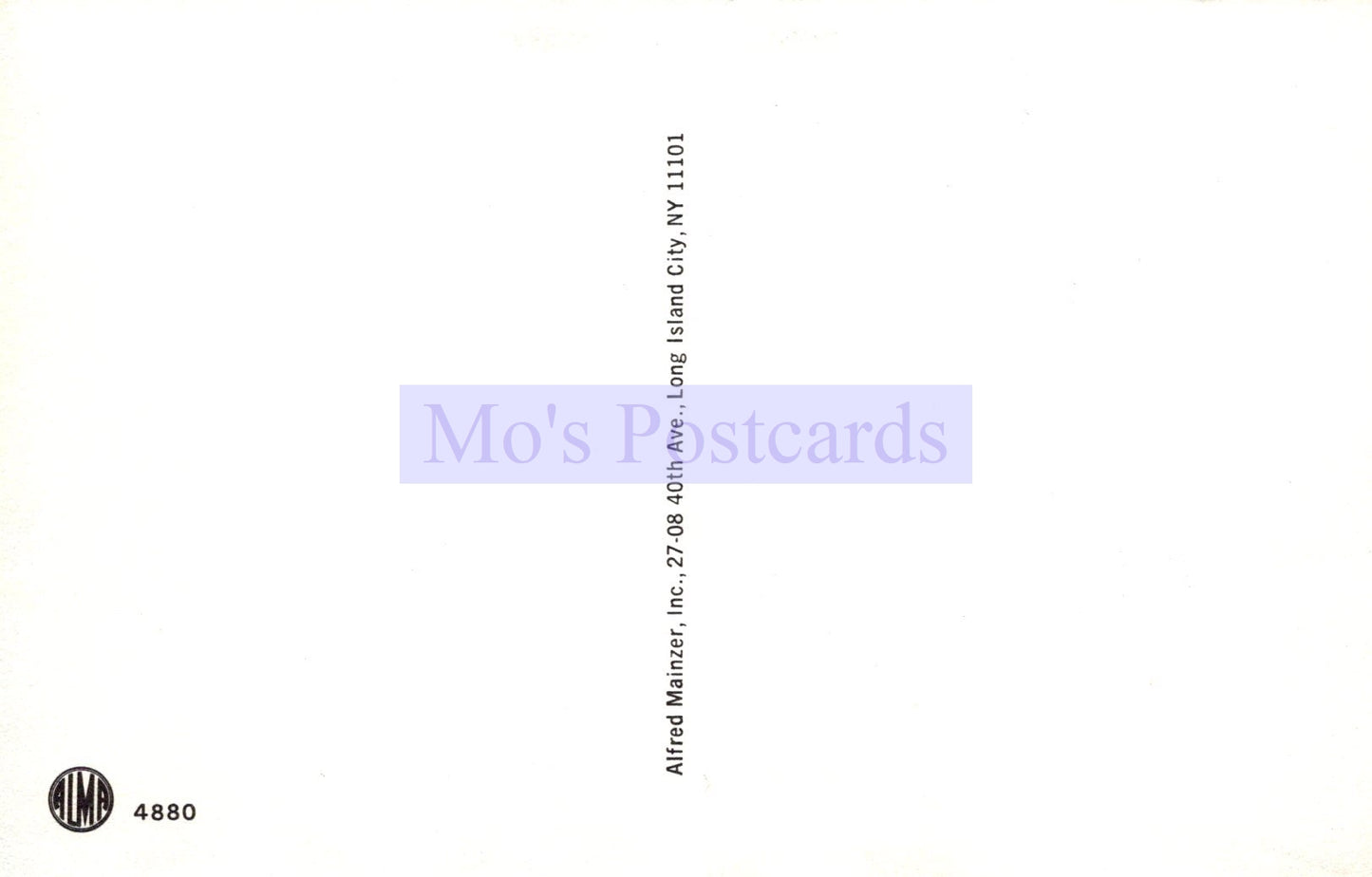 Back of a postcard with 'Mo's Postcards' branding and address information.