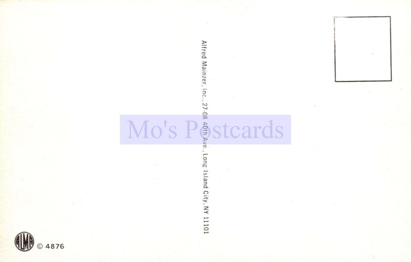 Back of a postcard with 'Mo's Postcards' branding and address information.