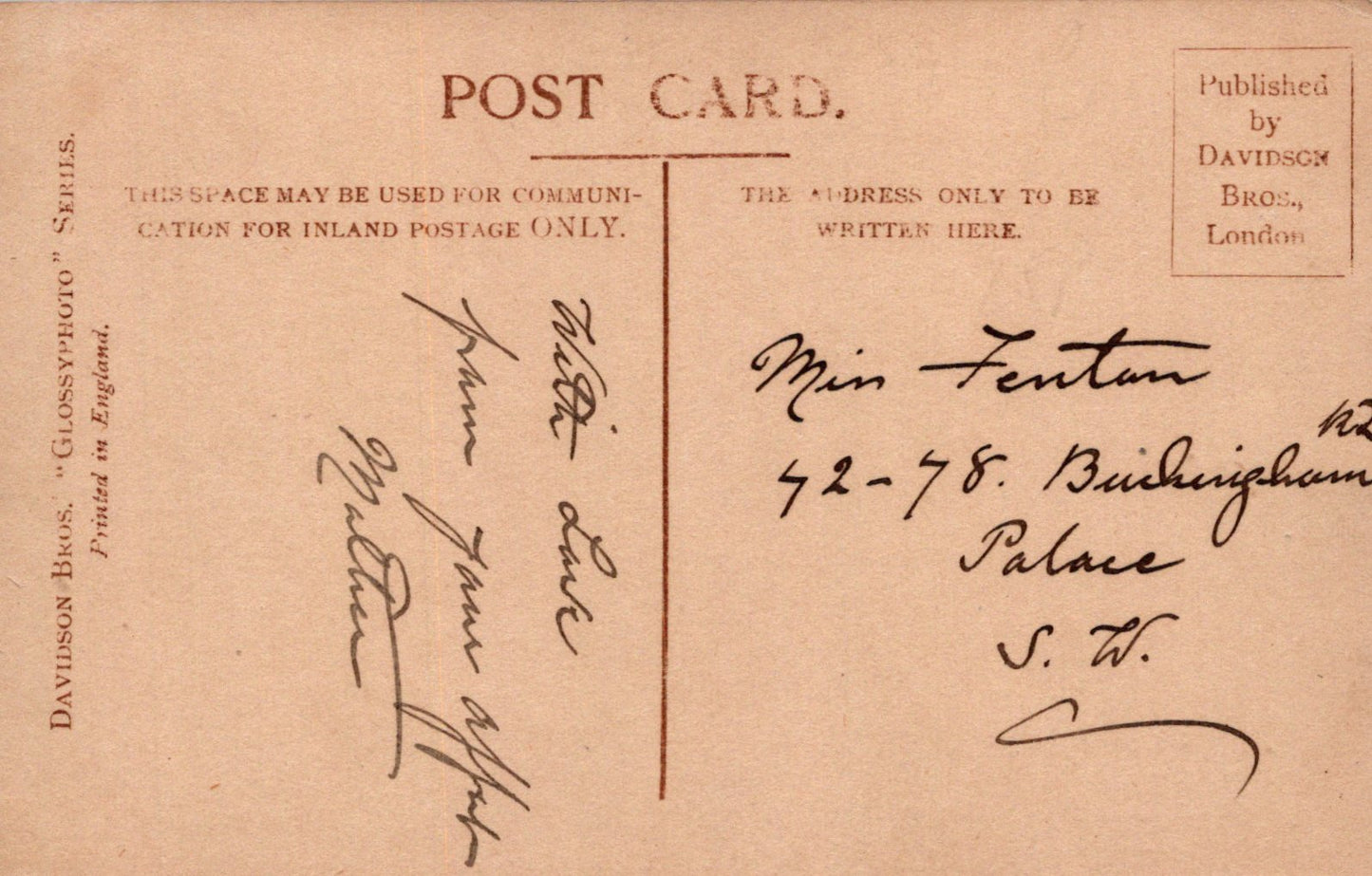 Vintage postcard with handwritten text and stationery details