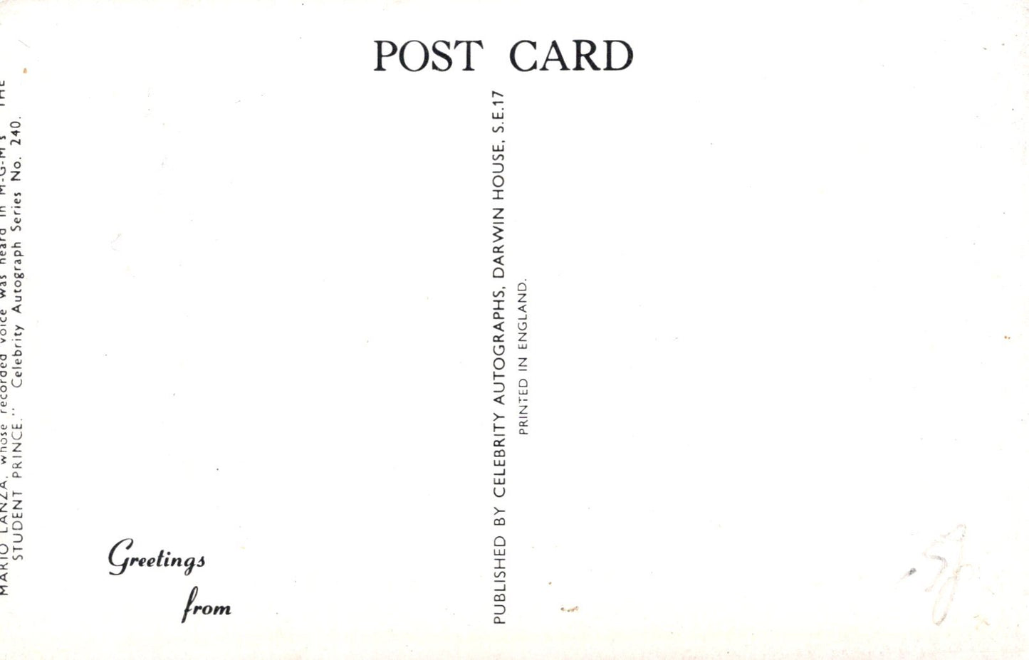 Back of a postcard with text and a light pattern
