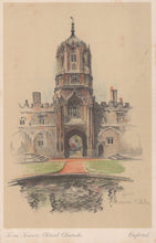 Load image into Gallery viewer, Illustration of Christ Church Tower, Oxford, with a bridge and garden in the foreground.