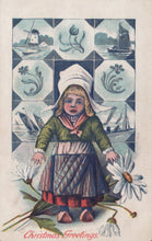 Load image into Gallery viewer, Vintage-style illustration of a child in traditional Dutch clothing with decorative tiles and flowers.