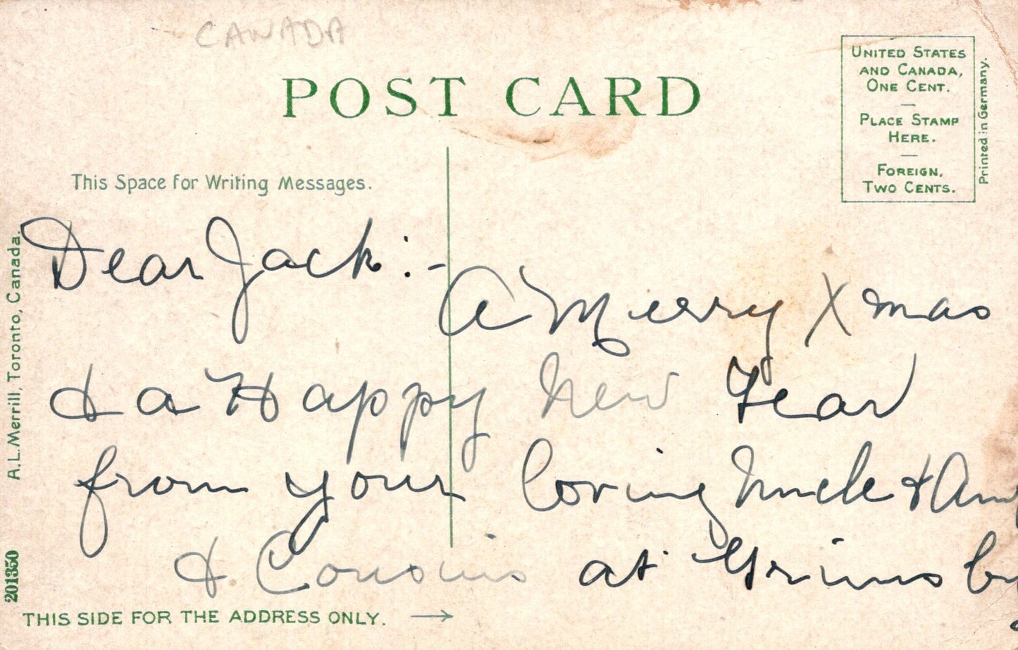 Vintage postcard with handwritten message and stamps