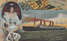Load image into Gallery viewer, Vintage-style postcard with a portrait of a woman and an illustration of a steamship on water.
