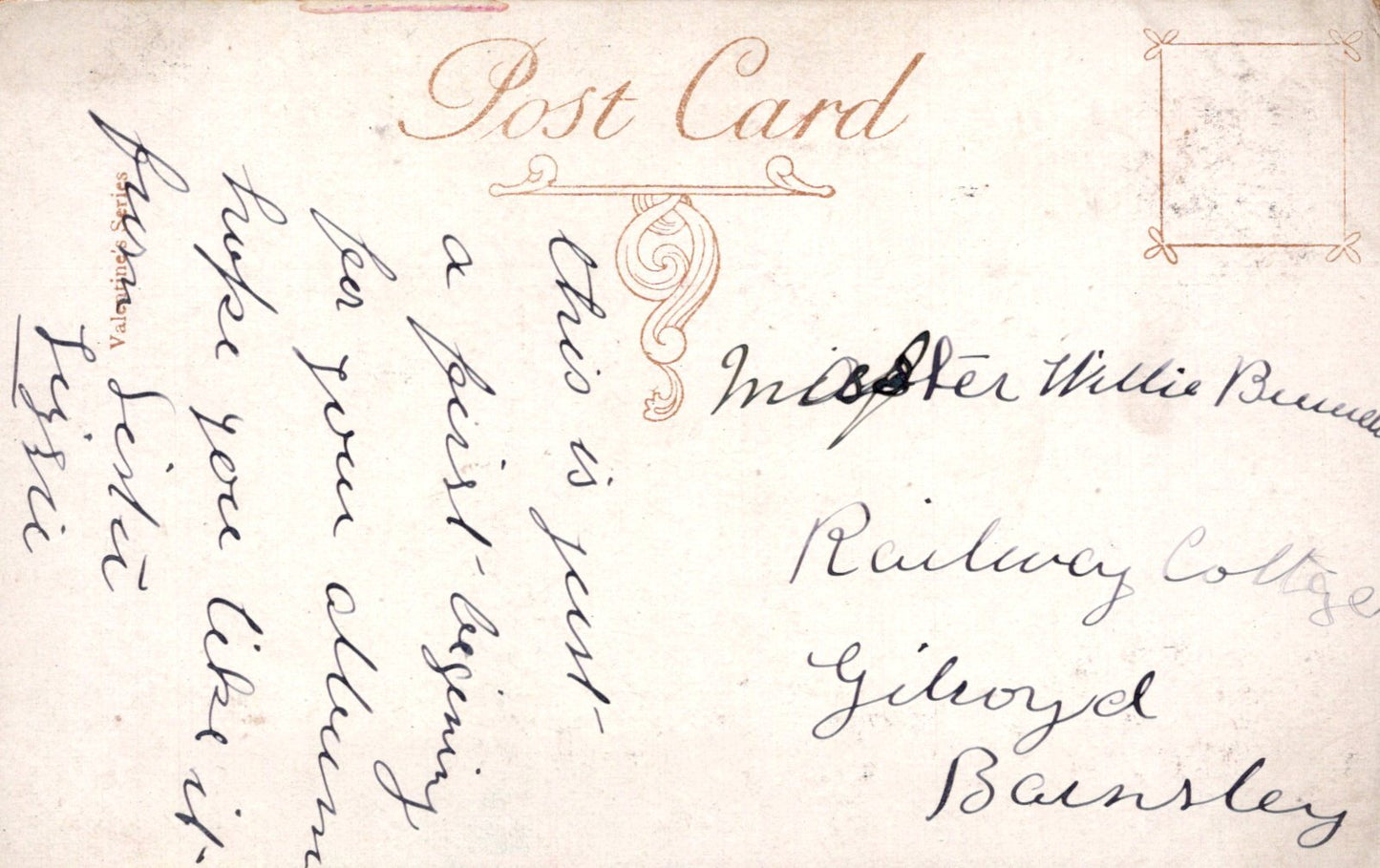 Vintage postcard with handwritten text and decorative elements on a light brown background