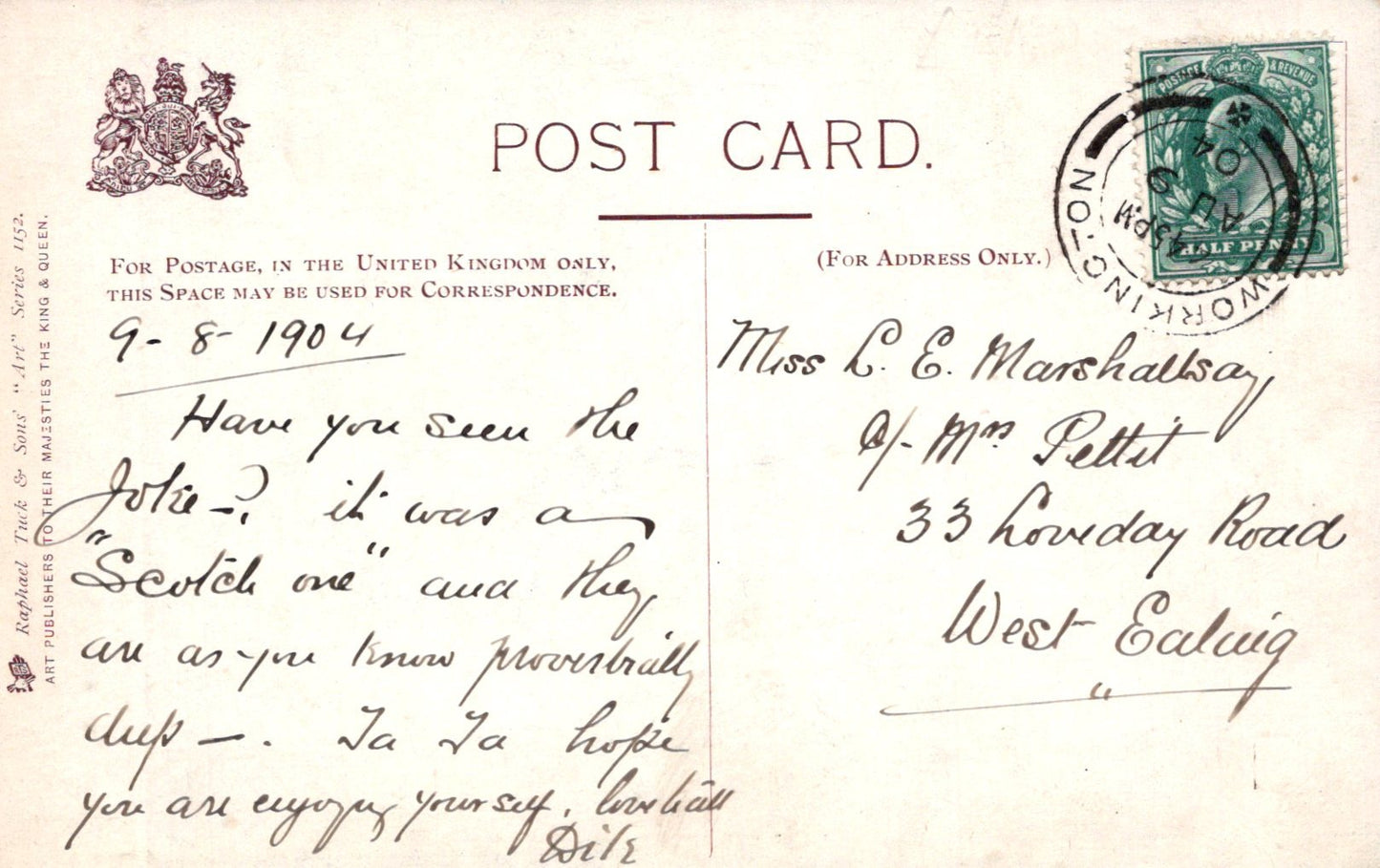 Vintage postcard with text and postage stamp, featuring a British coat of arms.