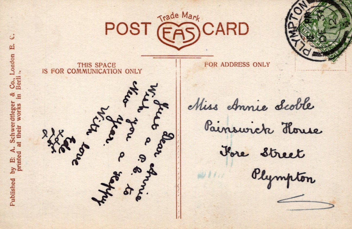 Vintage postcard with handwritten text and a stamp, featuring the EAS logo.