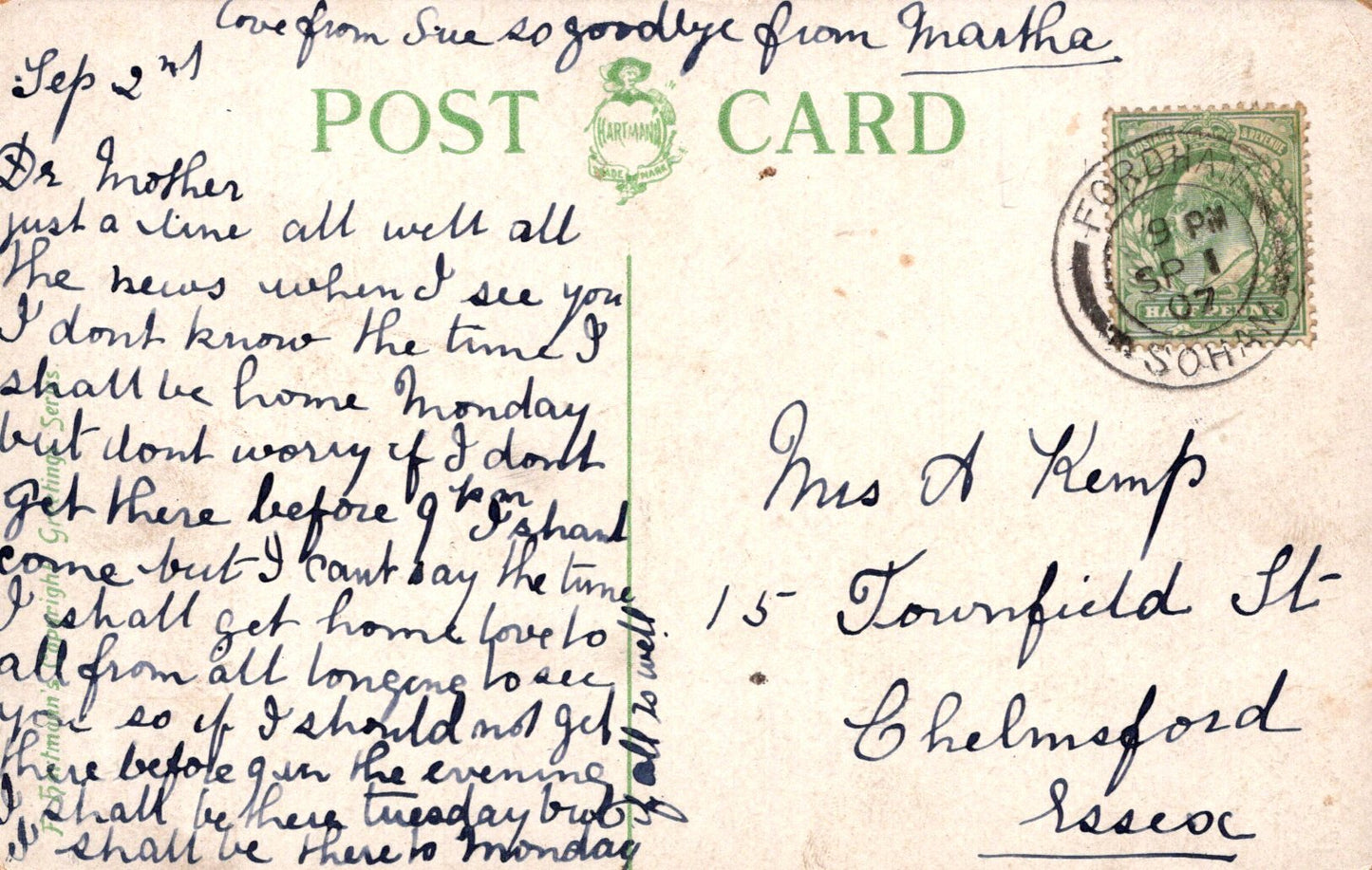 Vintage postcard with handwritten text and a stamp, featuring the word 'Postcard' at the top.