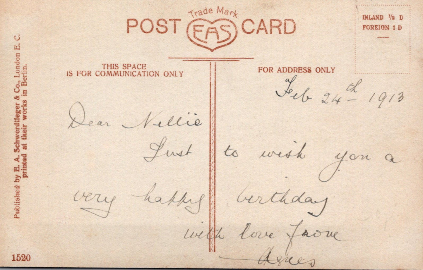 Vintage postcard with handwritten message and EAS logo