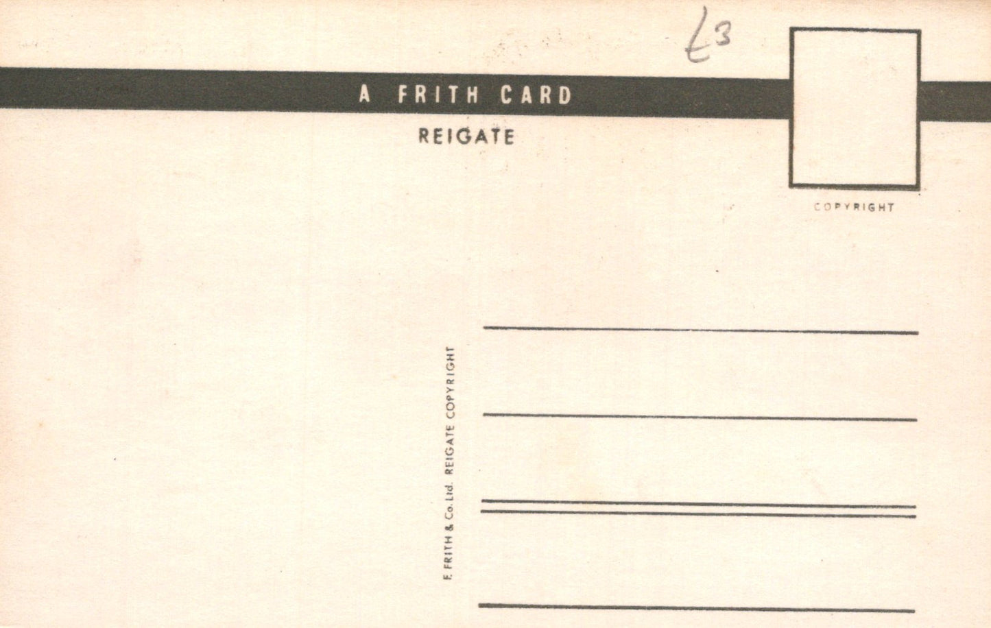 Back of a vintage postcard with 'A Frith Card Reigate' text and a blank area for writing.