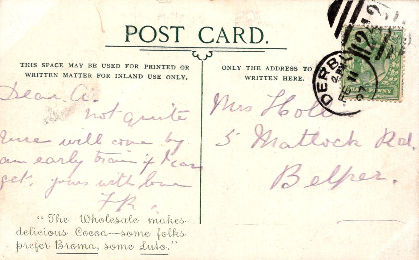Vintage postcard with handwritten text and a stamp, featuring the word 'POSTCARD'.