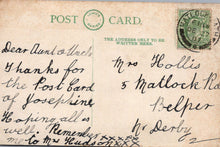 Load image into Gallery viewer, Vintage postcard with handwritten text and a stamp, addressed to Mrs. Hollis.