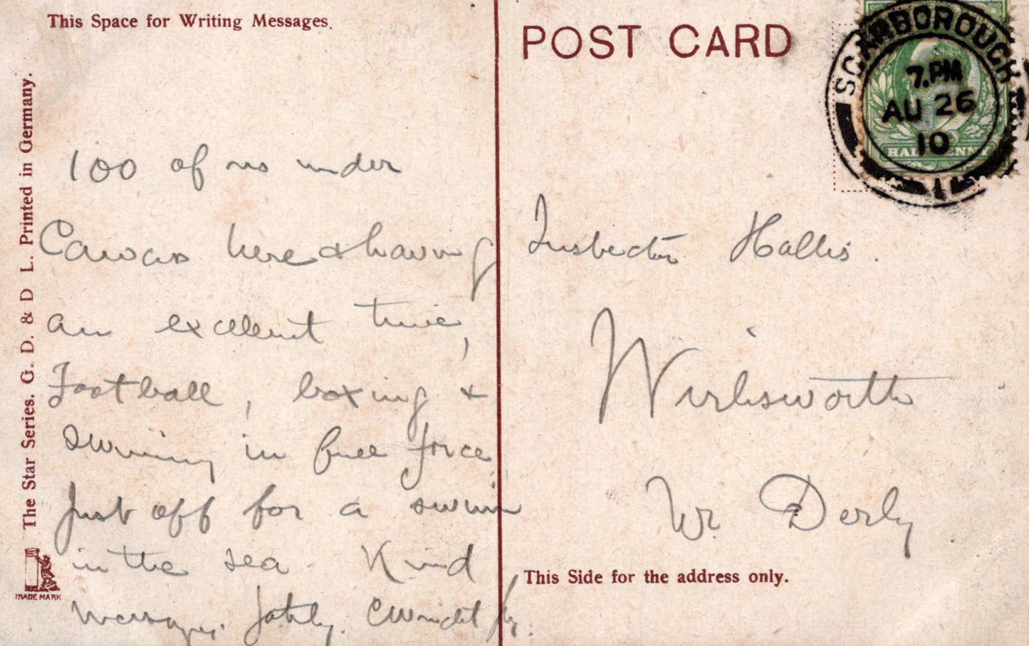 Vintage postcard with handwritten text and a stamp, featuring a message from a visitor to Warliskworth, W. Derby.