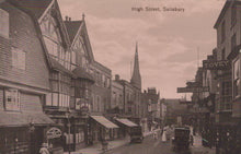 Load image into Gallery viewer, Vintage black and white photograph of High Street in Salisbury with historical buildings and street signs.