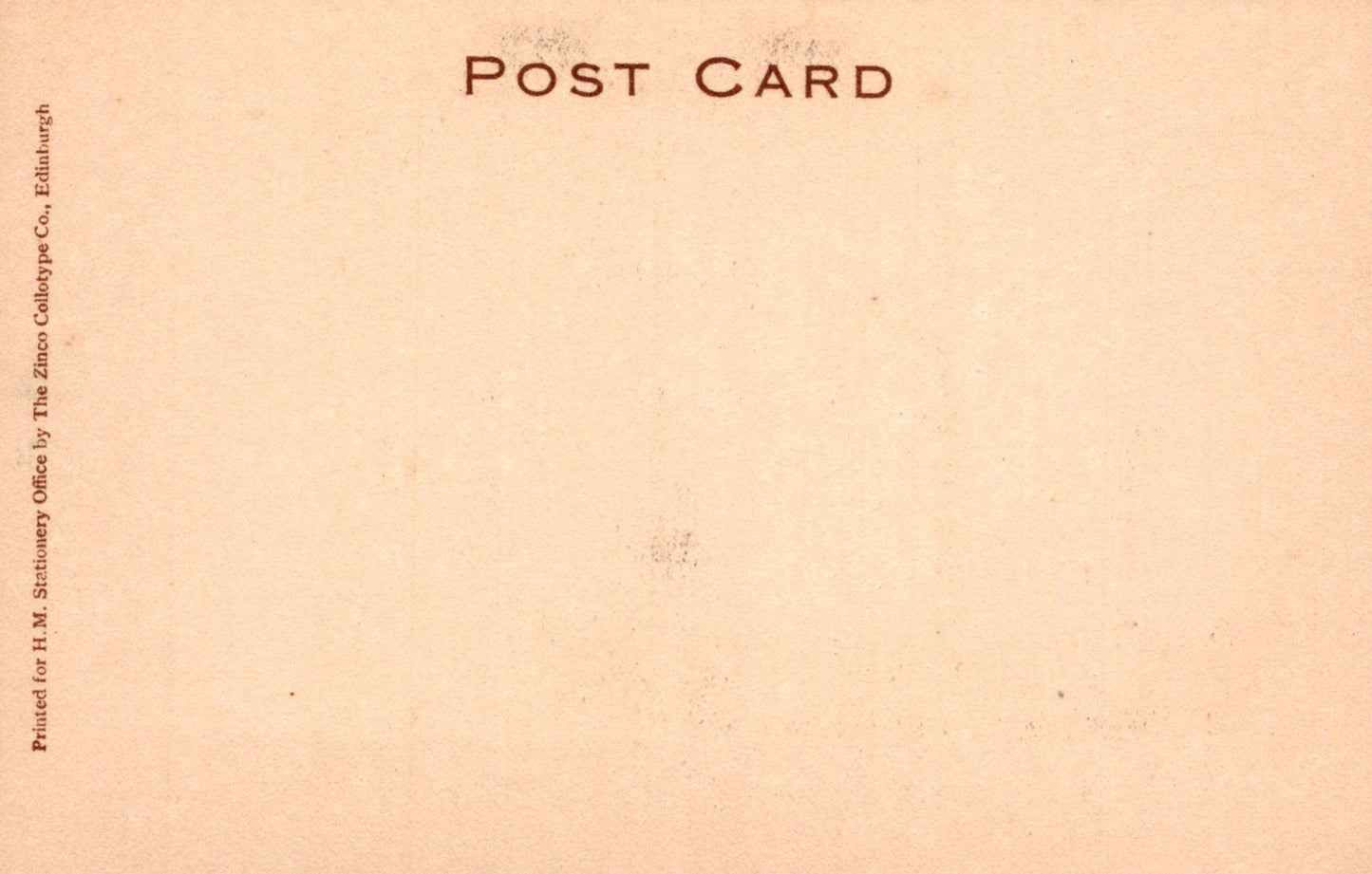Back of a vintage postcard with 'Post Card' text and a textured beige background.