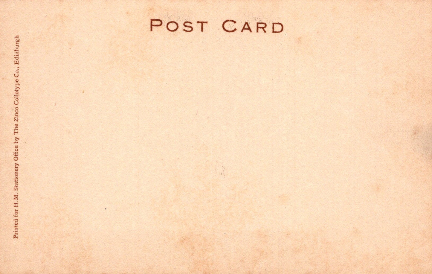 Back of a vintage postcard with 'Post Card' text and a beige background.