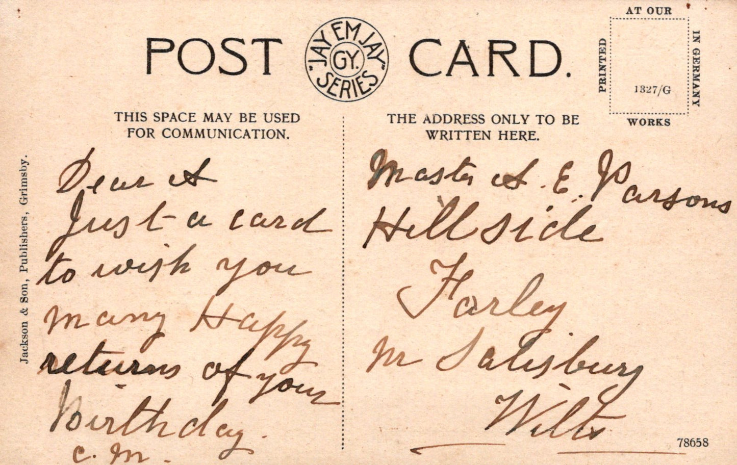 Vintage postcard with handwritten text and a logo at the top