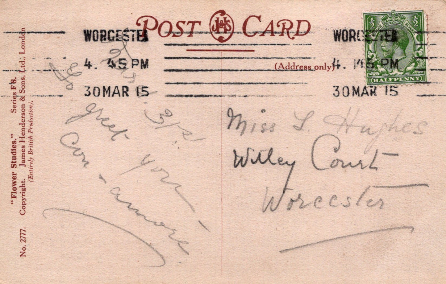 Vintage postcard with handwritten text and a stamp, featuring the word 'Worcester'.