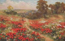 Load image into Gallery viewer, Painting of a landscape with a field of red flowers and trees in the background