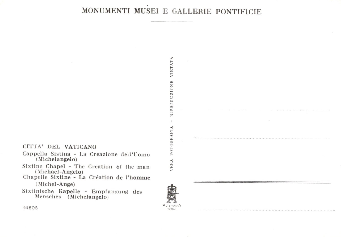 Vatican City Postcard - Sixtine Chapel, The Creation of The Man SW19020